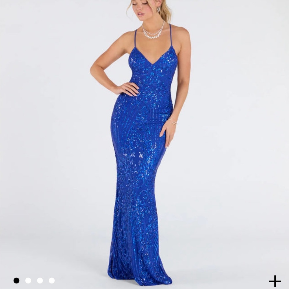 Windsor Blue Sequin Spaghetti-Strap Prom Gown